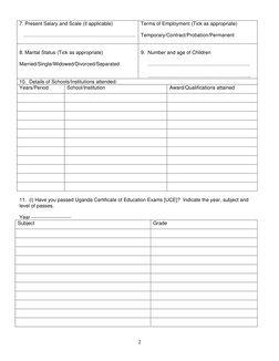 2
7. Present Salary and Scale (if applicable) 
    
   …………………………………………………………. 
Terms of Employment (Tick as appropriate)