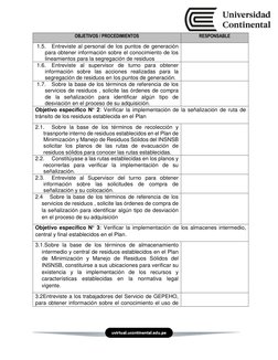 OBJETIVOS / PROCEDIMIENTOS 
RESPONSABLE 
1.5. Entreviste al personal de los puntos de generación 
para obtener informac