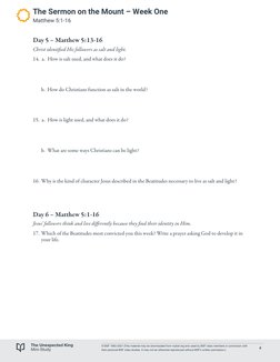 Day 5 – Matthew 5:13-16
Christ identified His followers as salt and light.
14.	 a.	 How is salt used, and what does it do?
b.