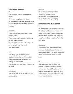 I WILL FEAR NO MORE
V1
Every anxious thought that steals my 
breath
It's a heavy weight upon my chest
As I lie awake and wond