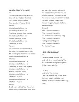 WHAT A BEAUTIFUL NAME 
V1
You were the Word at the beginning
One with God the Lord Most High
Your hidden glory in creation
No