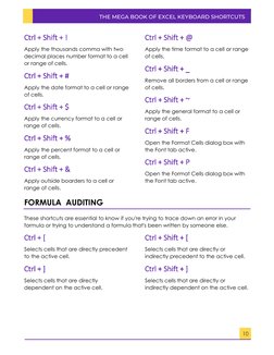 Ctrl ++ SShift ++ !! 
Apply the thousands comma with two 
decimal places number format to a cell 
or range of cells. 
Ctr