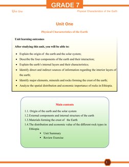 Unit One
Physical Characteristics of the Earth
1
GRADE 7
Unit One
Physical Characteristics of the Earth
    Unit learning out