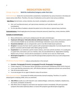 7 
 
 
MEDICATION NOTES 
Orange- drug class.  Bold-the medication/category under that class 
Anticholinergic- blocks the neur