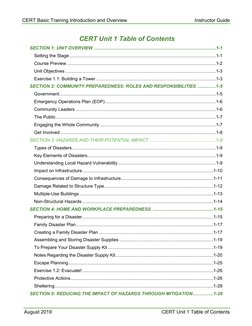 CERT Basic Training Introduction and Overview 
Instructor Guide 
August 2019
CERT Unit 1 Table of Contents 
 CERT Unit 1 Tabl