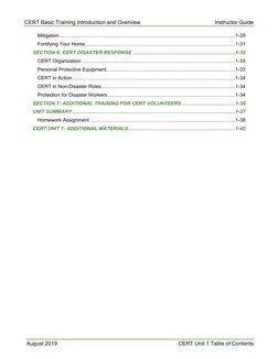 CERT Basic Training Introduction and Overview 
Instructor Guide 
August 2019
CERT Unit 1 Table of Contents 
Mitigation ......