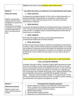 Técnica invertir roles en casa (establecer roles y tareas claras)
Sesión 6. 
Estilos de crianza
Objetivo: Comprender y 
anali