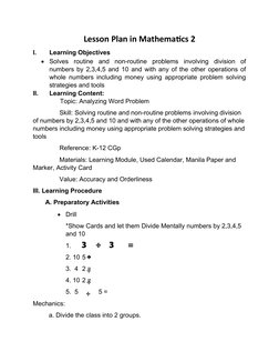 Grade 2 Division Problem Solving Plan | PDF | Learning | Lesson Plan