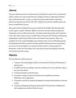 2 | P a g e
Abstract
The great mathematician Srinivasa Ramanujan has said about the number theory, mathematical 
analysis, in