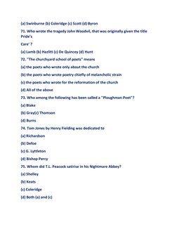 (a) Swinburne (b) Coleridge (c) Scott (d) Byron 
71. Who wrote the tragedy John Woodvil, that was originally given the title