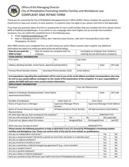 Office of the Managing Director 
City of Philadelphia Promoting Healthy Families and Workplaces Law 
COMPLAINT AND INTAKE FOR