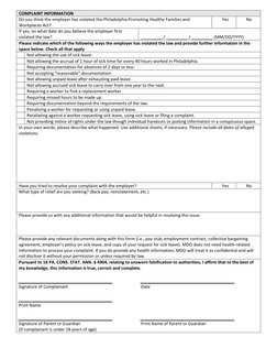 COMPLAINT INFORMATION 
Do you think the employer has violated the Philadelphia Promoting Healthy Families and 
Workplaces Act