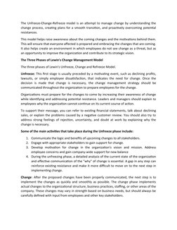 The Unfreeze-Change-Refreeze model is an attempt to manage change by understanding the
change process, creating plans for a s