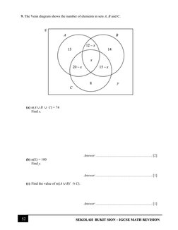 52 
SEKOLAH  BUKIT SION – IGCSE MATH REVISION 
 
 
9. The Venn diagram shows the number of elements in sets A, B and C.