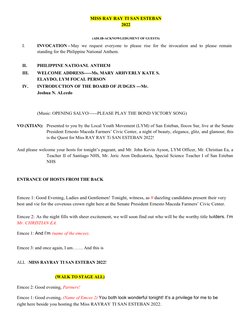 MISS RAY RAY TI SAN ESTEBAN
2022
(ADLIB-ACKNOWLEDGMENT OF GUESTS)
I.
INVOCATION - May we request everyone to please rise for