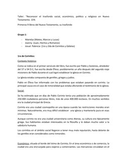 Taller:  “Reconocer  el  trasfondo  social,  económico,  político  y  religioso  en  Nuevo
Testamento. 15% 
Primeros 9 libros