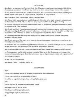 EMCEE SCRIPT
Niño: Before we start our short Teacher’s Month Kick-Off program, may I request our Cabarian NHS-JHS to 
please