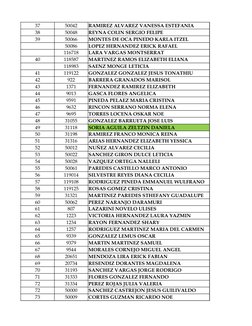 37
50042
RAMIREZ ALVAREZ VANESSA ESTEFANIA
38
50048
REYNA COLIN SERGIO FELIPE
39
50066
MONTES DE OCA PINEDO KARLA ITZEL
50086