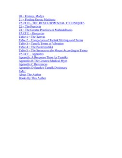 20 ~ Ecstasy, Madya
21 ~ Finding Union, Maithuna
PART D – THE DEVELOPMENTAL TECHNIQUES
22 ~ The Practices
23 ~ The Greater Pr