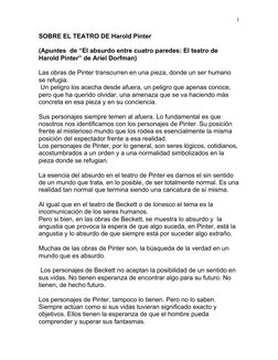 SOBRE EL TEATRO DE Harold Pinter
(Apuntes  de “El absurdo entre cuatro paredes: El teatro de 
Harold Pinter” de Ariel Dorfman