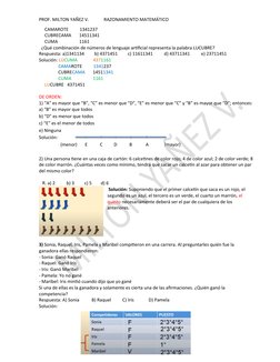 5
PROF. MILTON YAÑEZ V.
RAZONAMIENTO MATEMÁTICO
     CAMAROTE          1341237
     CUBRECAMA       14511341
     CUMA