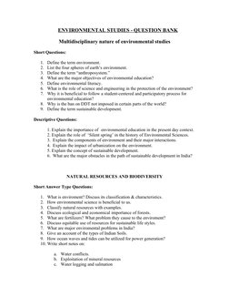 ENVIRONMENTAL STUDIES - QUESTION BANK
Multidisciplinary nature of environmental studies
Short Questions:
1. Define the term e