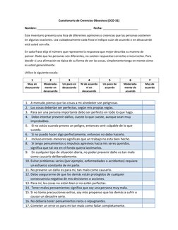 Cuestionario de Creencias Obsesivas (CCO-31) 
Nombre: __________________________________   Fecha: ______________________ 
Est