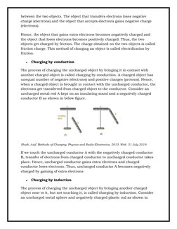 between the two objects. The object that transfers electrons loses negative 
charge (electrons) and the object that accepts e