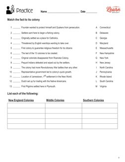 Practice     Name __________________________  Date _________
Match the fact to its colony
1
Founder wanted to protect himself