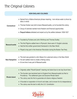 The Original Colonies
NEW ENGLAND COLONIES
Connecticut
• Named from a Native American phrase meaning:  river whose water is d