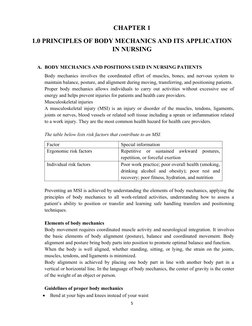 CHAPTER 1
1.0 PRINCIPLES OF BODY MECHANICS AND ITS APPLICATION
IN NURSING
A. BODY MECHANICS AND POSITIONS USED IN NURSING PAT