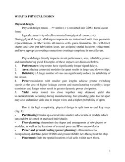 1 
 
WHAT IS PHYSICAL DESIGN 
  
Physical design. 
Physical design means --->> netlist (.v ) converted into GDSII form(layout