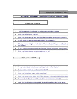 LEADERSHIP ASSESSMENT QUESTIONNAIRE
A
LEADERSHIP POTENTIAL
1
Your leader’s mission, objectives, and goals reflect his highest