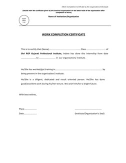 (Work Completion Certificate by the organization/individual) 
(Attach here the certificate given by the external organization
