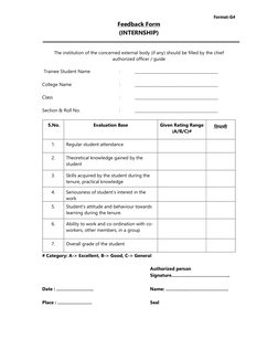 Format-G4  
Feedback Form  
(INTERNSHIP)  
 
   
The institution of the concerned external body (if any) should be filled by