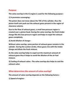 Purpose: 
The valve overlap in the IC engine is used for the following purpose:- 
1] It promotes scavenging:- 
The piston doe