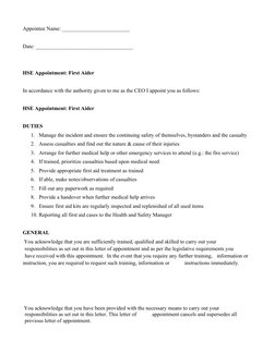 Appointee Name: _________________________
Date: ____________________________________
HSE Appointment: First Aider
In accordan