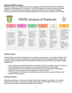 Starbucks PESTEL Analysis
PESTLE analysis of a company can give an overview of the external factors that can impact the 
prog