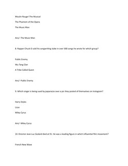 Moulin Rouge! The Musical
The Phantom of the Opera
The Music Man
Ans/- The Music Man
8. Rapper Chuck D sold his songwriting s