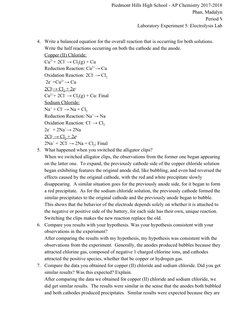 Piedmont Hills High School - AP Chemistry 2017-2018 
Phan, Madalyn 
Period ⅘ 
Laboratory Experiment 5: Electrolysis Lab 
 
4.