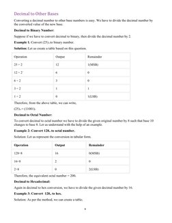 8
Decimal to Other Bases
Converting a decimal number to other base numbers is easy. We have to divide the decimal number by
t