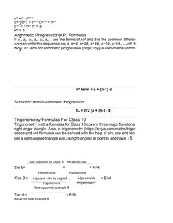 pm x pn = pm+n
{pm}⁄{pn} = pm-n (pm)n = pmn
p-m = 1/pm p1 = p
P0 = 1
Arithmetic Progression(AP) Formulas
If a1, a2, a3, a4, a