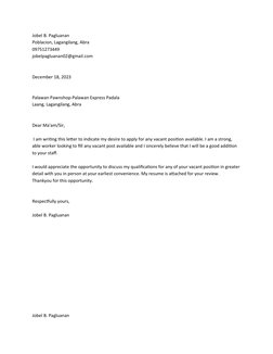 Jobel B. Pagluanan
Poblacion, Lagangilang, Abra
09751273449
jobelpagluanan02@gmail.com
December 18, 2023
Palawan Pawnshop-Pal