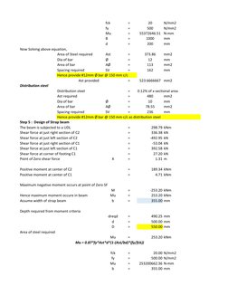 fck
=
20
N/mm2
fy
=
500
N/mm2
Mu
=
55372646.51 N-mm
B
=
1000
mm
d
=
200
mm
Now Solving above equation,
Area of Steel required