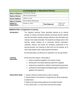 Learning Episode 1: Educational Theories 
Name of Observer  Cid Erick R. Poniente 
Name of School 
 Alfonso Central School 
S