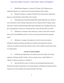 4 
9. 
Plaintiff Sharon Simpson is a resident of St. Albans, West Virginia and was 
employed by Kroger in as a clerk in the