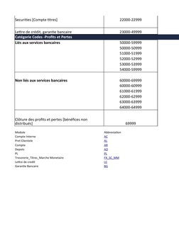 Securities [Compte titres]
22000-22999
Lettre de crédit, garantie bancaire 
23000-49999
Catégorie Codes -Profits et Pertes
Li