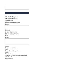 Intérêts/Profits payés
Intérêts/Profits reçus
Commissions
Bénéfice/perte de change
Autres
Salaires
Locaux et bâtiments
Dépens