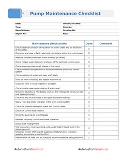 Date:
Technician name:
Time:
Item No:
Manufacturer:
Drawing No:
Report No:
Area:
Maintenance check points
Done
Comment
Check