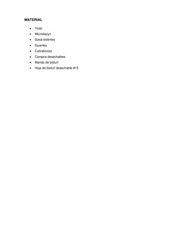 MATERIAL 
 
Yodo 
 
Microdacyn 
 
Gasa estériles  
 
Guantes  
 
Cubrebocas  
 
Campos desechables  
 
Mando de bi